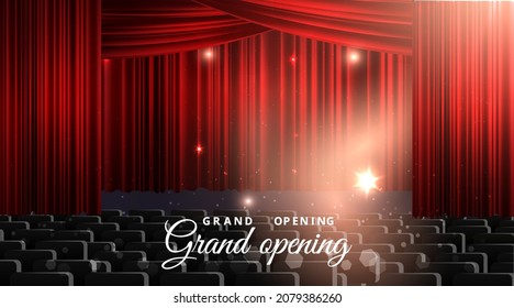 Show time, Cinema and Theatre hall with seats  red velvet curtains. Shining light bulbs vintage and luxury festival flyer  templates, golden realistic vector, music glowing vintage poster design