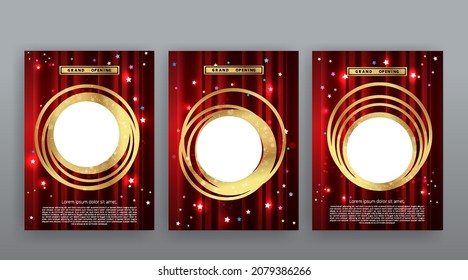 Show time, Cinema and Theatre hall with seats  red velvet curtains. Shining light bulbs vintage and luxury festival flyer  templates, golden realistic vector, music glowing vintage poster design