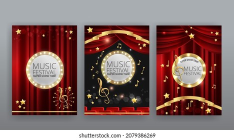 Show time, Cinema and Theatre hall with seats  red velvet curtains. Shining light bulbs vintage and luxury festival flyer  templates, golden realistic vector, music glowing vintage poster design