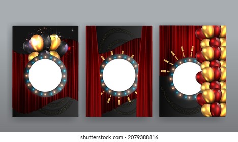 Show time, Cinema and Theatre hall with seats  red velvet curtains. Shining light bulbs vintage and luxury festival flyer templates, golden realistic vector, music glowing vintage poster design