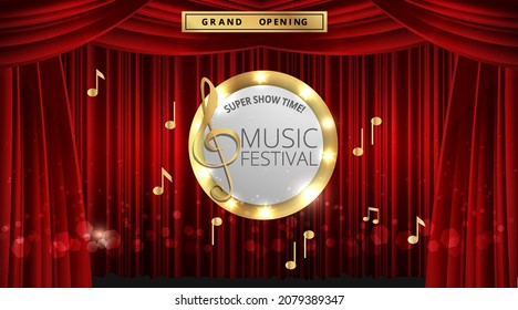 Show time, Cinema and Theatre hall with seats red velvet curtains. Shining light bulbs vintage and luxury festival flyer templates, golden realistic vector, music glowing vintage poster design