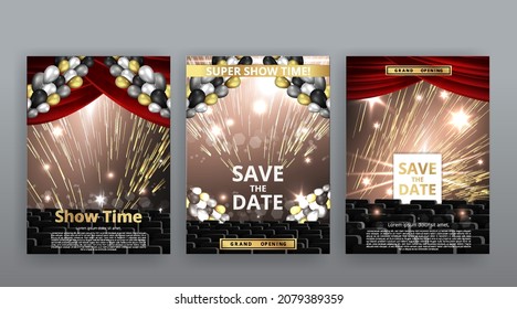 Show time, Cinema and Theatre hall with seats red velvet curtains. Shining light bulbs vintage and luxury festival flyer templates, golden realistic vector, music glowing vintage poster design