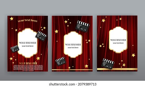 Show time, Cinema and Theatre hall with seats  red velvet curtains. Shining light bulbs vintage and luxury festival flyer templates, golden realistic vector, music glowing vintage poster design