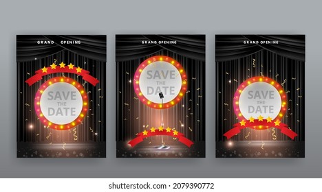 Show time, Cinema and Theatre hall with seats black velvet curtains. Shining light bulbs vintage and luxury festival flyer templates, golden realistic vector, music glowing vintage poster design