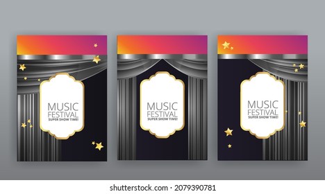 Show time, Cinema and Theatre hall with seats black velvet curtains. Shining light bulbs vintage and luxury festival flyer templates, golden realistic vector, music glowing vintage poster design