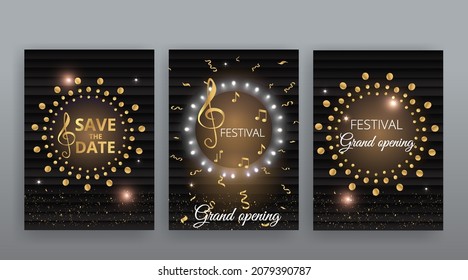 Show time, Cinema and Theatre hall with seats black velvet curtains. Shining light bulbs vintage and luxury festival flyer templates, golden realistic vector, music glowing vintage poster design