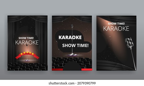 Show time, Cinema and Theatre hall with seats black velvet curtains. Shining light bulbs vintage and luxury festival flyer templates, golden realistic vector, music glowing vintage poster design