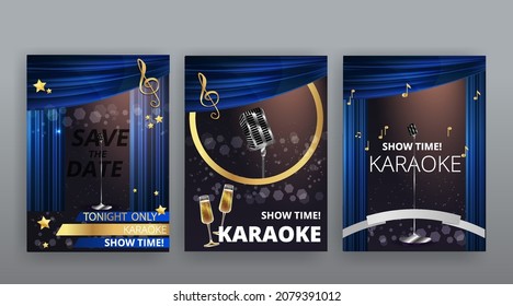 Show time, Cinema and Theatre hall with seats violet blue velvet curtains. Shining light bulbs vintage and luxury festival flyer templates, golden realistic vector, music glowing vintage poster design