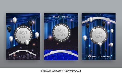 Show time, Cinema and Theatre hall with seats violet blue velvet curtains. Shining light bulbs vintage and luxury festival flyer templates, golden realistic vector, music glowing vintage poster design