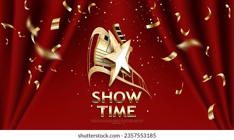 Show time, Cinema and Theatre hall with seats red velvet curtains. Shining light bulbs vintage and luxury festival flyer templates, golden realistic vector, music glowing vintage poster design