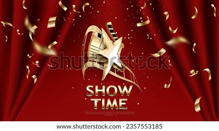 Show time, Cinema and Theatre hall with seats red velvet curtains. Shining light bulbs vintage and luxury festival flyer templates, golden realistic vector, music glowing vintage poster design Stock photo © 