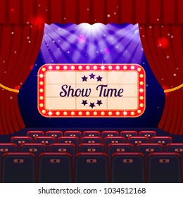 Show Time Concept. Cinema and Theatre hall with seats and Signboard. Vector illustration