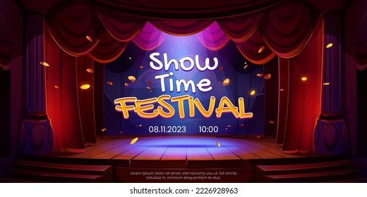 Show time festival poster with theater stage and falling gold confetti. Showtime banner with scene with red curtains, columns, wooden floor and spotlight, vector cartoon illustration