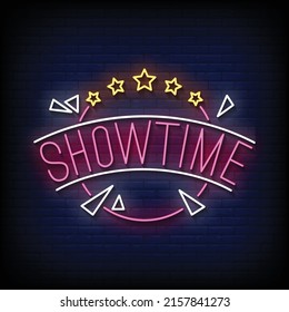 Show Time Neon Sign On Brick Wall Background Vector