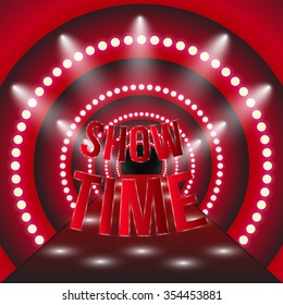 Show Time. Presentation With Red Carpet And Arch. Red Red Carpet With Spotlight. Vector Illustration