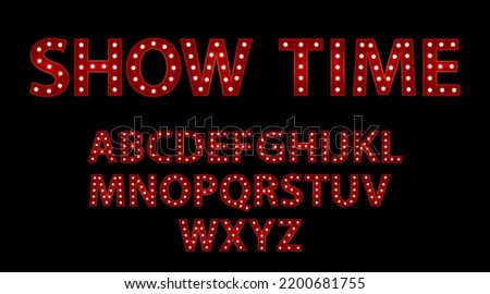 Show time. Red letters with luminous glowing lightbulbs. Vector typography words design. Bright signboard signage. Stock photo © 