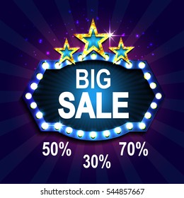 Show time. Retro light sign. Vintage style banner with gold stars. Vector illustration 