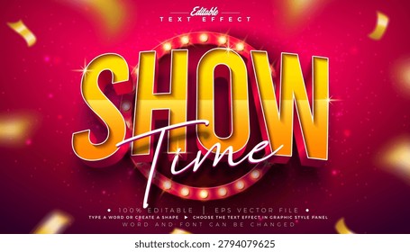 Show Time Text Effect Design Editable Vector Graphic Style Effect with Light Bulb Frame Billboard and 3d Typography Lettering on Falling Gold Confetti Background. Premium Luxury Casino, Night Club, Broadway Musical or Cinema Illustration Template for Greeting Card, Flyer, Banner, Celebration Poster or Party Invitation