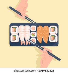 Show two hands holding chopsticks will take sushi, sushi illustration concept vector, delicious sushi for dinner. Illustration of japanesse various sushi in plate vector in isolated yellow background.