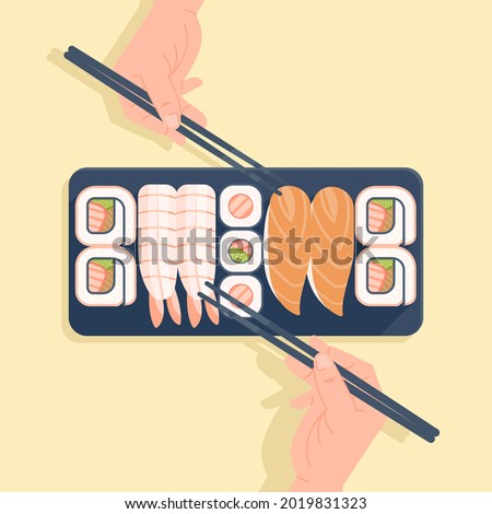Show two hands holding chopsticks will take sushi, sushi illustration concept vector, delicious sushi for dinner. Illustration of japanesse various sushi in plate vector in isolated yellow background.
