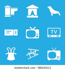 show vector icons. Set of 9 show filled icons such as seal, ticket, camera tape, TV, magic hat