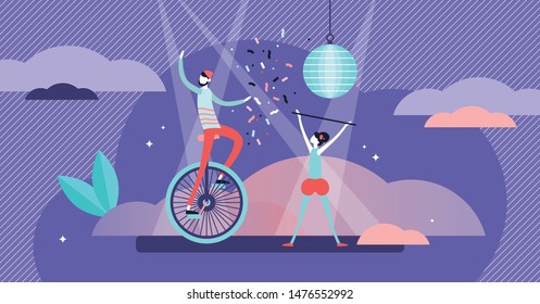 Show vector illustration. Flat tiny entertainment performance persons concept. Universal musical, dance, circus or theater visualization. Symbolic festive culture concert with professional artists.