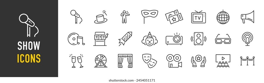 Show web icons in line style. Cinema, event, entertainment, ticket, cinema, music, theater, sport, collection. Vector illustration.