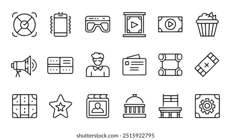 Mostrar iconos web en estilo de línea. Cine, acontecimiento, diversión, boleto, cine, música, teatro, Ilustración vectorial plana del conjunto de iconos relacionados con el deporte.