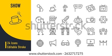 Show web icons in line style. Cinema, event, entertainment, ticket, cinema, music, theater, sport, collection. Vector illustration.