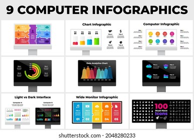 Show your interface with 20 electronic device mockups. Includes computer, notebook, smartphone and tablet. Infographic template presentation. Puzzle banners, arrows, charts and diagrams.