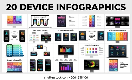 Show your interface with 20 electronic device mockups. Includes computer, notebook, smartphone and tablet. Infographic template presentation. Puzzle banners, arrows, charts and diagrams.