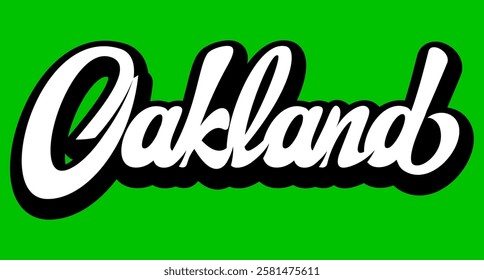 Show your love for Oakland with this trendy text design, featuring bold white letters on a striking green background, perfect for city pride merchandise, event posters, and local branding