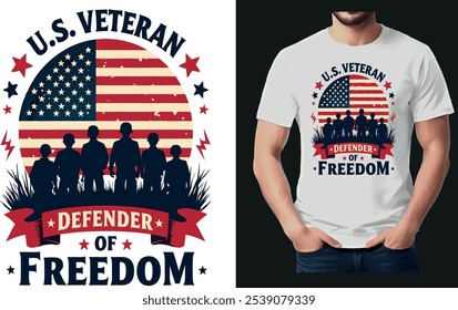 Show your pride and honor the heroes with this bold "U.S. Veteran Defender of Freedom" t-shirt.