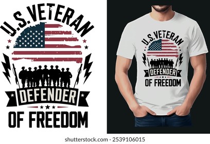 Show your pride and honor the heroes with this bold "U.S. Veteran Defender of Freedom" t-shirt.