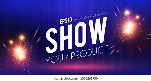 Show your product. Stage curtain and fireworks. Spotlight flash.