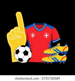 Mostre seu apoio com esta vibrante ilustração de equipamento de ventilador de futebol. Inclui uma camisa de equipe, dedo de espuma, bola de futebol e chuteiras, perfeito para qualquer entusiasta de esportes.