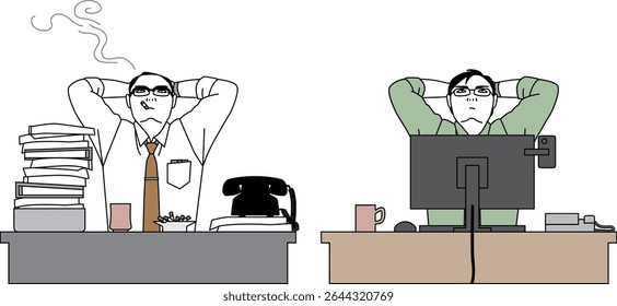 Showa era salaryman and Reiwa era businessman doing desk work. Vector illustration of a Japanese man worried about work