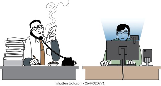 Showa era salaryman and Reiwa era businessman doing desk work. Vector illustration of a Japanese man at work