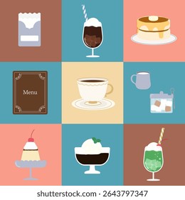 Showa retro Japanese old-fashioned cafe item illustration set. Title means "material set of Japanese retro cafe" in Japanese 