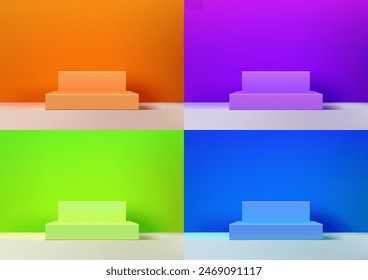 Showcase 3D stage design, Featuring a sleek vibrant color podium on a vivid background, Modern style