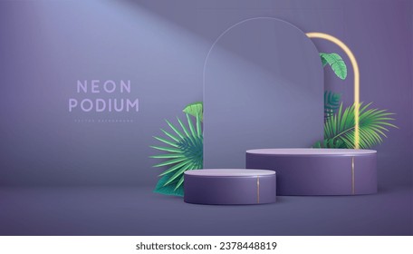 Showcase background with 3d podium and green tropic leaves. Summer nature concept. Vector illustration
