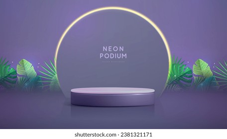Showcase Hintergrund mit 3D-Podium und grünen tropischen Blättern. Sommernaturkonzept. Vektorgrafik