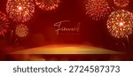 Showcase background with 3d podium  and holiday golden neon firework explosion on red background. Vector illustration