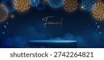 Showcase background with 3d podium  and holiday yellow and blue neon firework explosion on dark blue background. Vector illustration