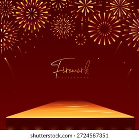 Showcase background with 3d podium  and holiday golden firework explosion on red background. Vector illustration