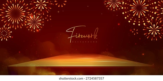 Escaparate de fondo con el podio 3D y la explosión de fuegos artificiales dorados de vacaciones sobre fondo rojo. Ilustración vectorial