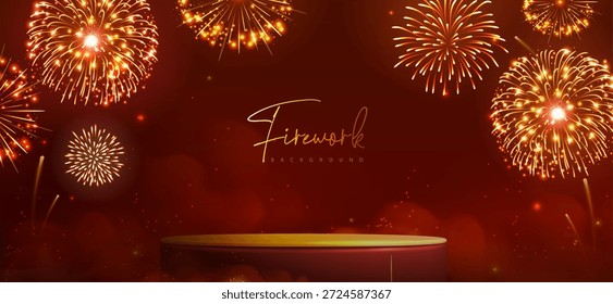 Escaparate de fondo con el podio 3D y la explosión de fuegos artificiales de neón dorado de vacaciones sobre fondo rojo. Ilustración vectorial