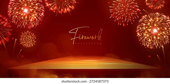 Escaparate de fondo con el podio 3D y la explosión de fuegos artificiales de neón dorado de vacaciones sobre fondo rojo. Ilustración vectorial