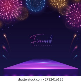 Plano de fundo da mostra com pódio 3D e feriado colorido neon explosão de fogo de artifício no fundo azul escuro. Ilustração vetorial