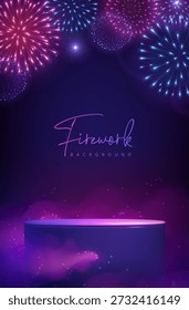 Plano de fundo da mostra com pódio 3D e feriado rosa e azul neon explosão de fogo de artifício no fundo azul escuro. Ilustração vetorial